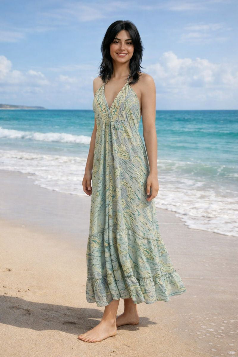 Backless Lavender Paisley Silk Long Dress