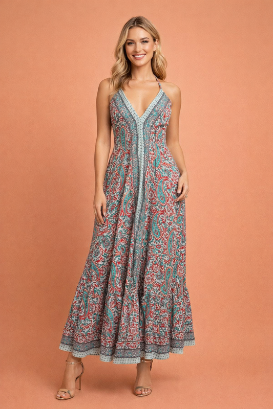 Backless Red Paisley Long dress