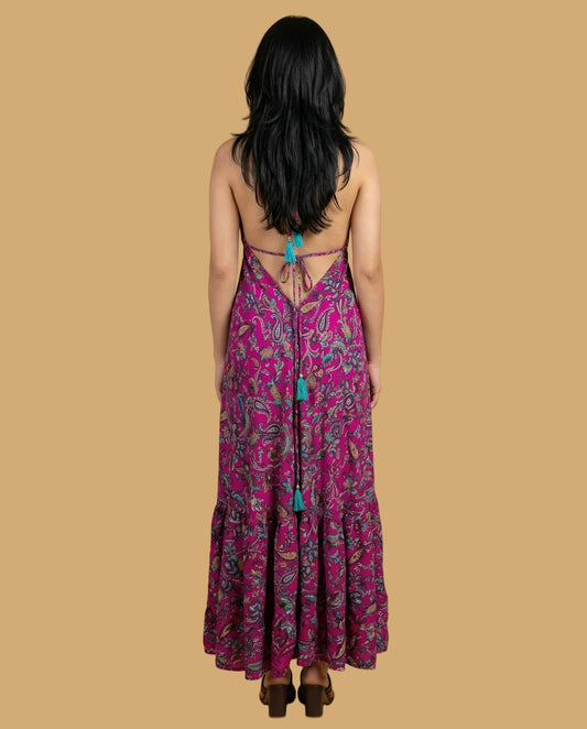 Backless Fuschia Paisley Silk Long Dress