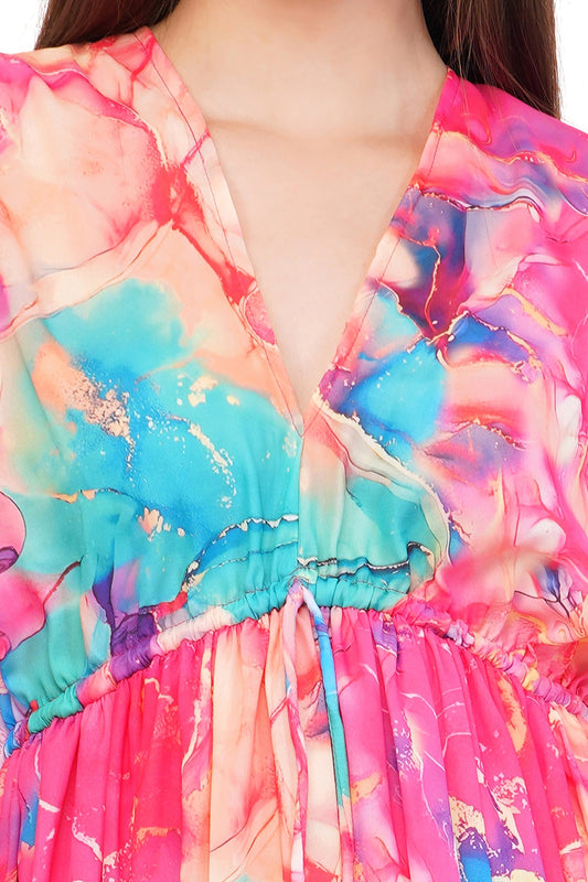 Pink Marble Flared Long Tier Dress with Strings