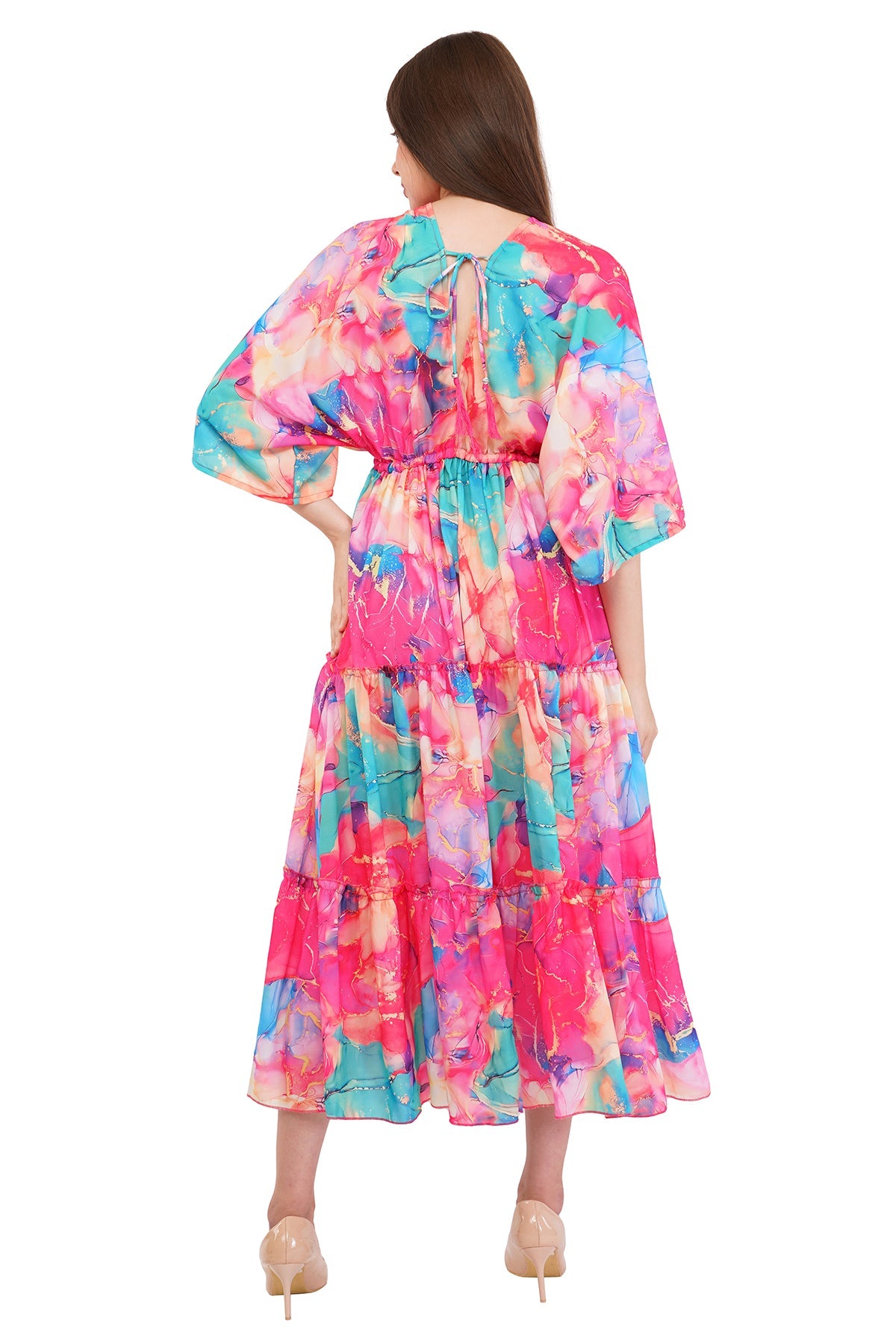 Pink Marble Flared Long Tier Dress with Strings