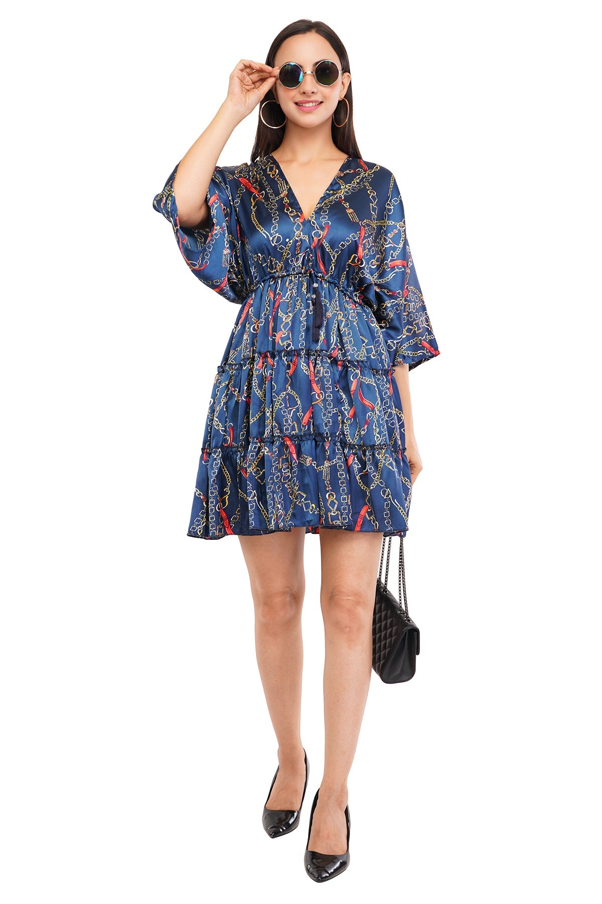 Blue Chain Flared Short Tier Dress with Strings
