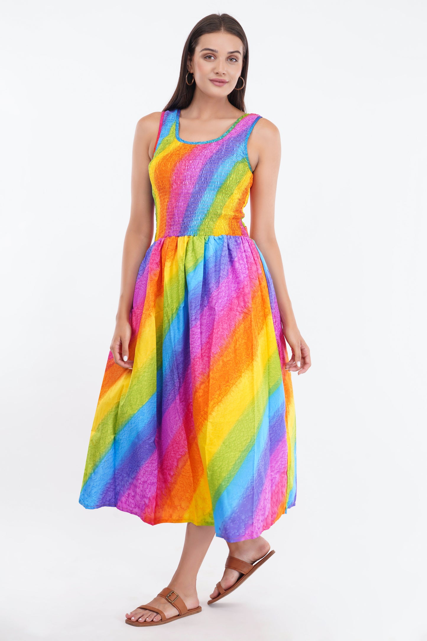 Rainbow Long Smock Dress with Belt