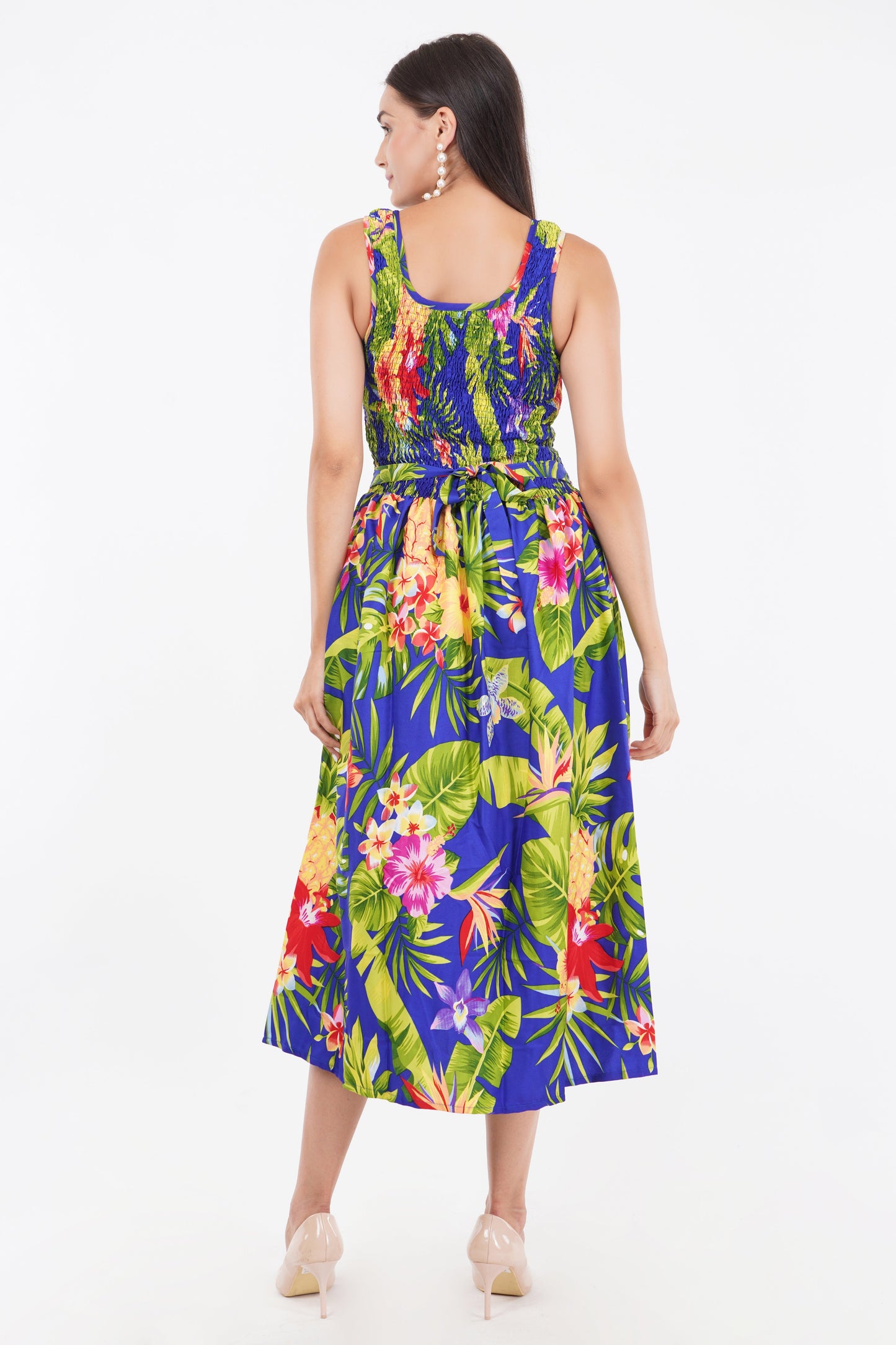 Tropical Blue Long Smock Dress with Belt