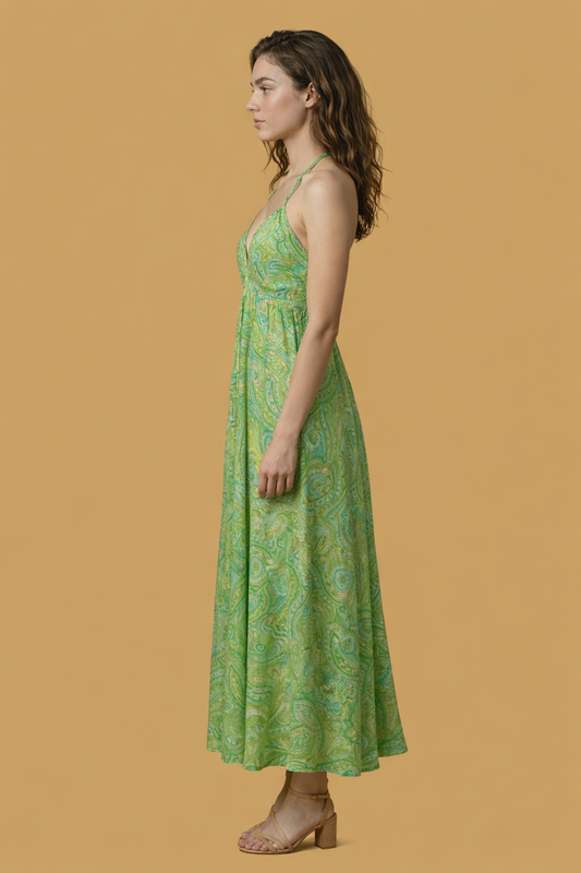 Backless Green Paisley Silk Long Dress