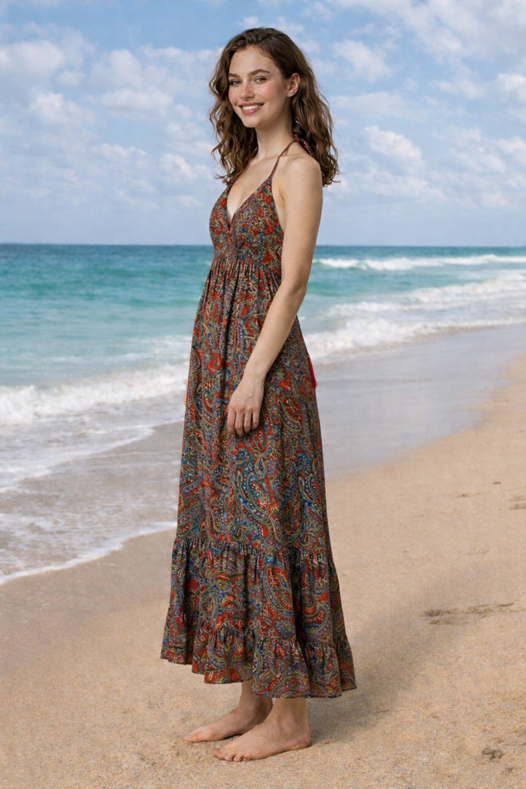 Backless Red Paisley Silk Long Dress