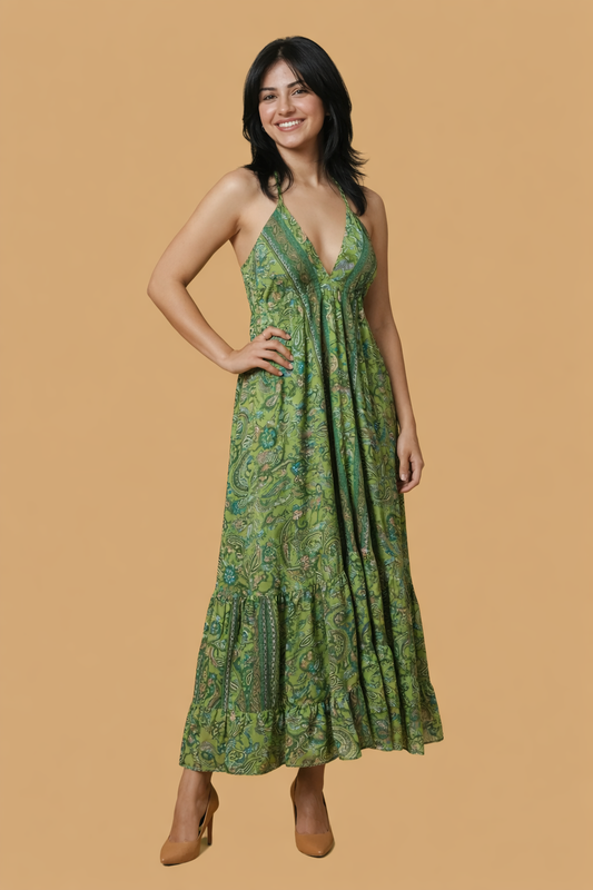 Backless Sage Paisley Silk Long Dress