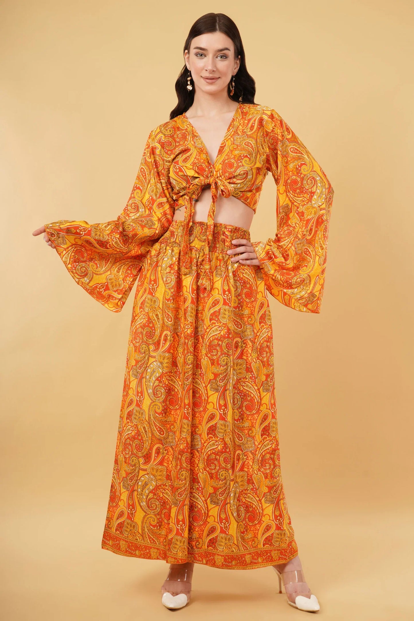 Boho Goddess Bell Sleeve top with Knot & Wide Legged Pant Co-Ord Set