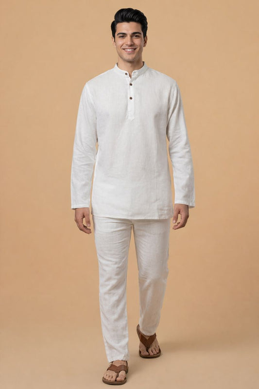 White Leisure Linen Men Co-ord Set