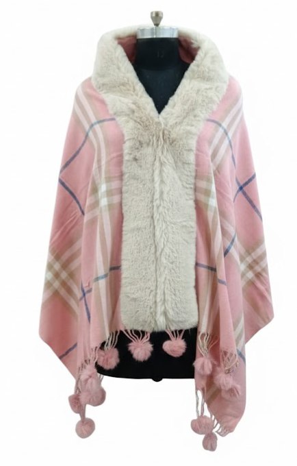 Rose Pink Contrast Check Cape with Faux Fur