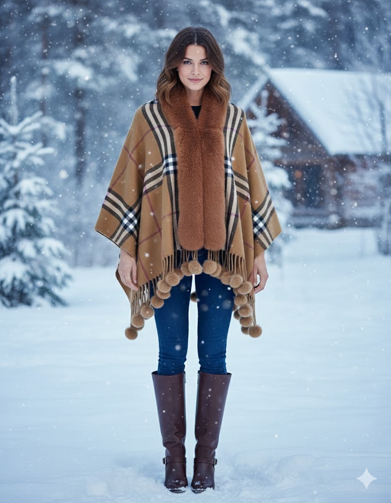 Bronze Contrast Check Cape with Faux Fur