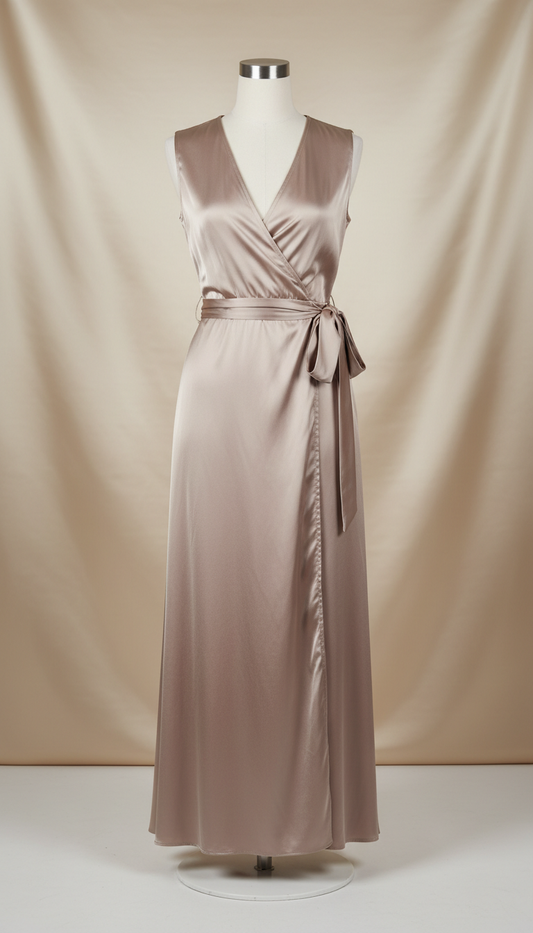 Blush Taupe Satin Wrap Dress
