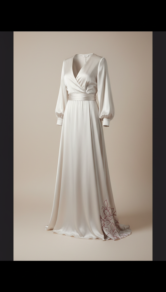 Porcelain Mist Satin Wrap Gown