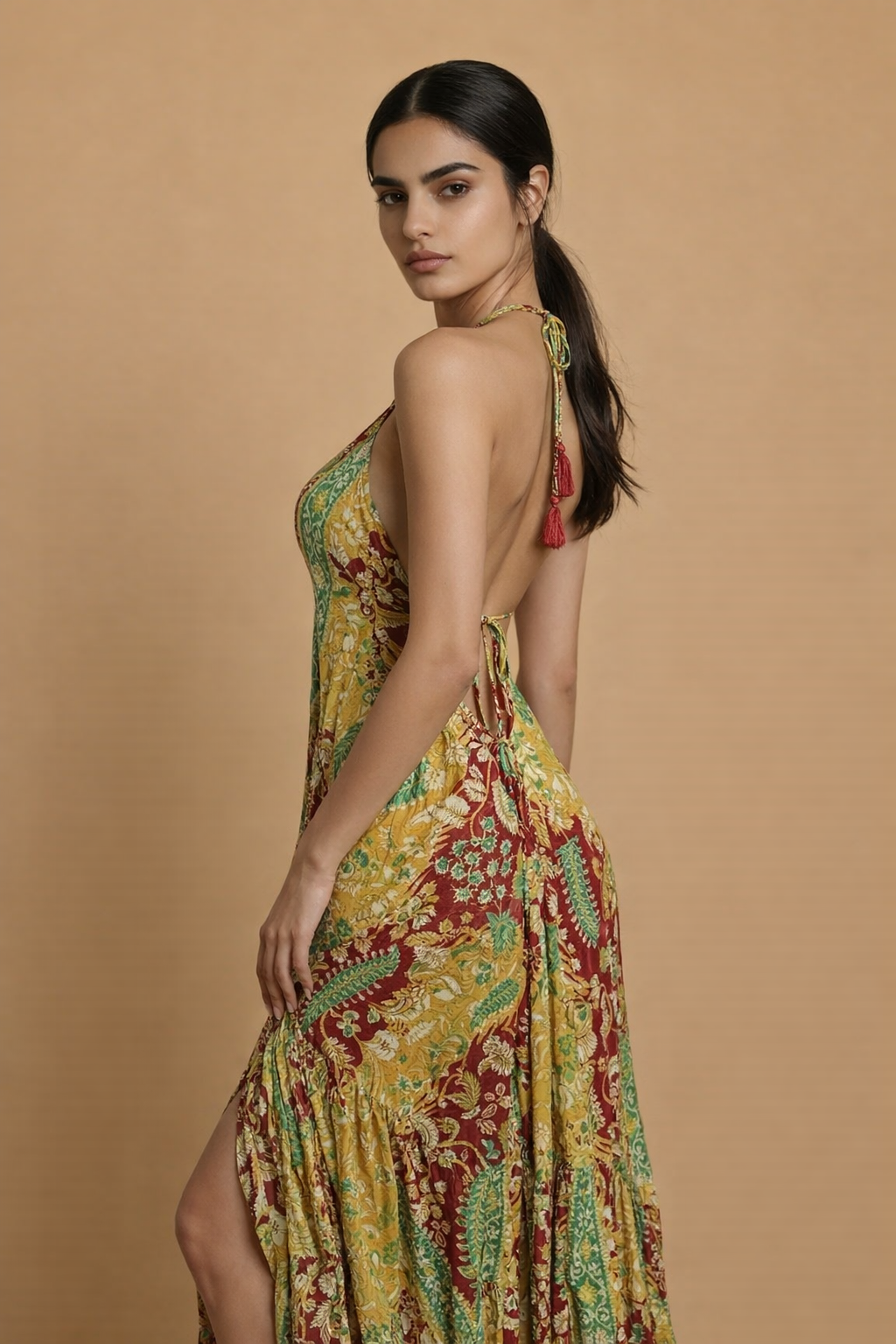 Backless Gold Paisley Silk Long Dress