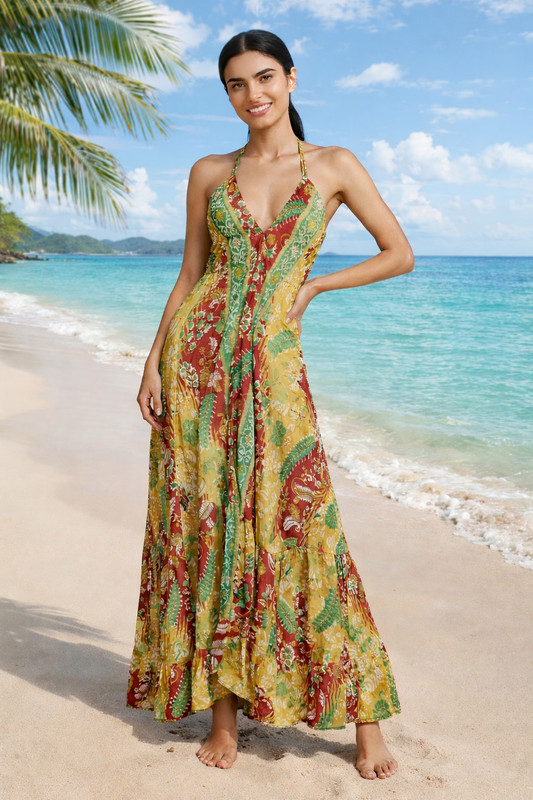 Backless Gold Paisley Silk Long Dress