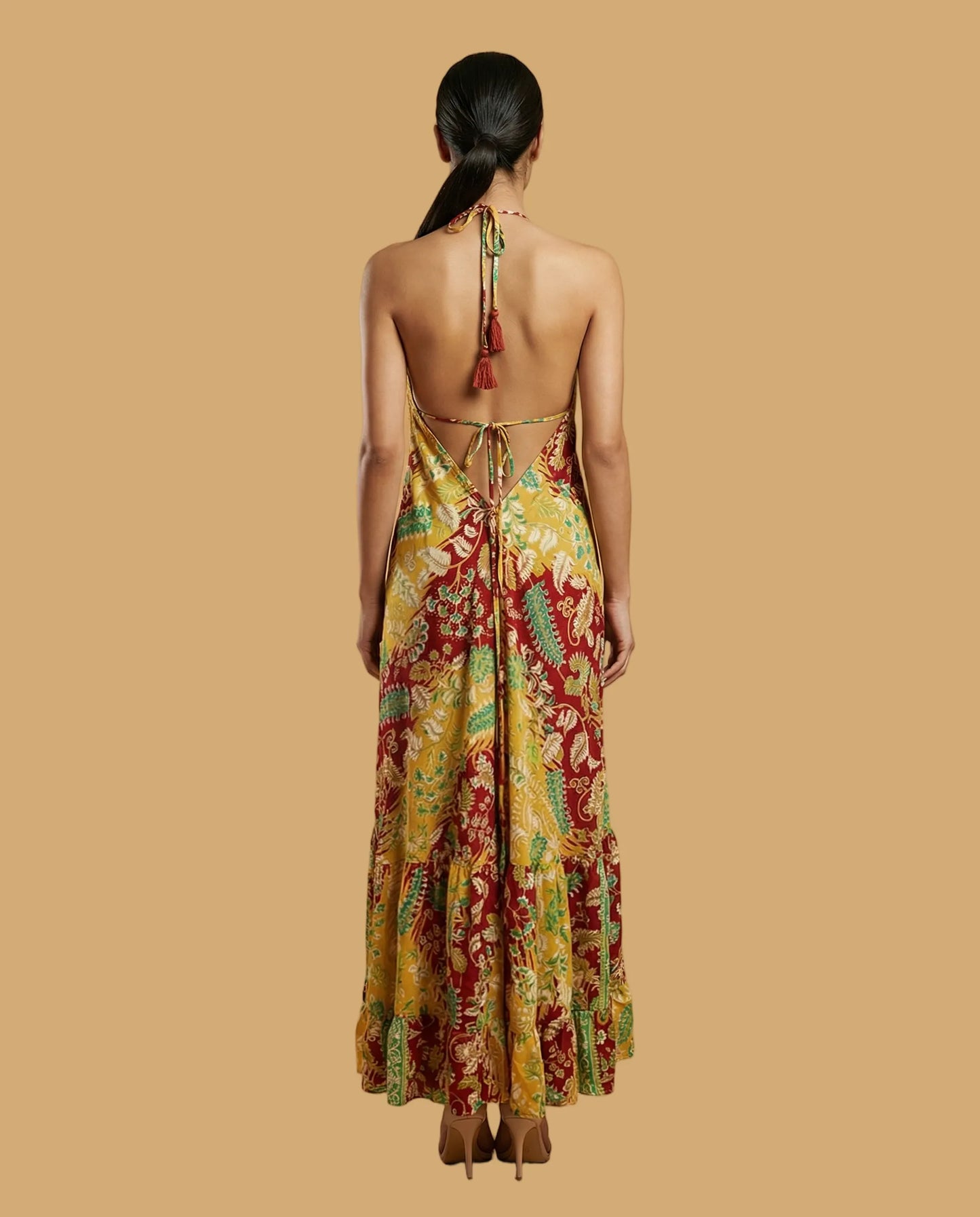 Backless Gold Paisley Silk Long Dress