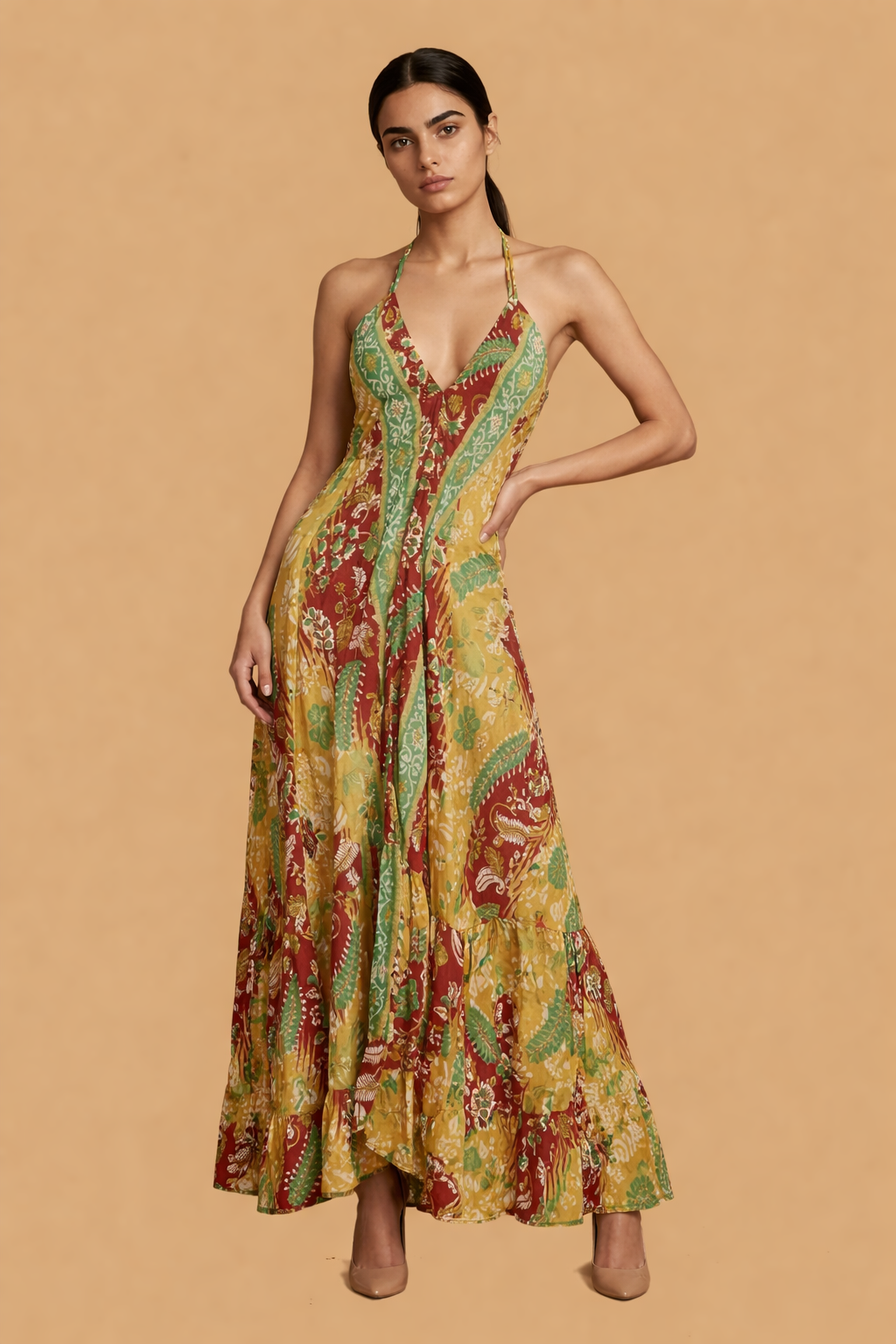 Backless Gold Paisley Silk Long Dress