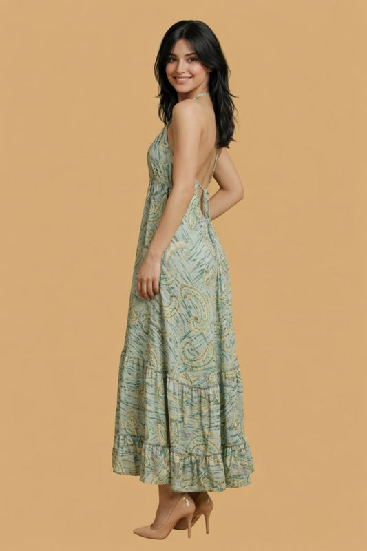 Backless Lavender Paisley Silk Long Dress