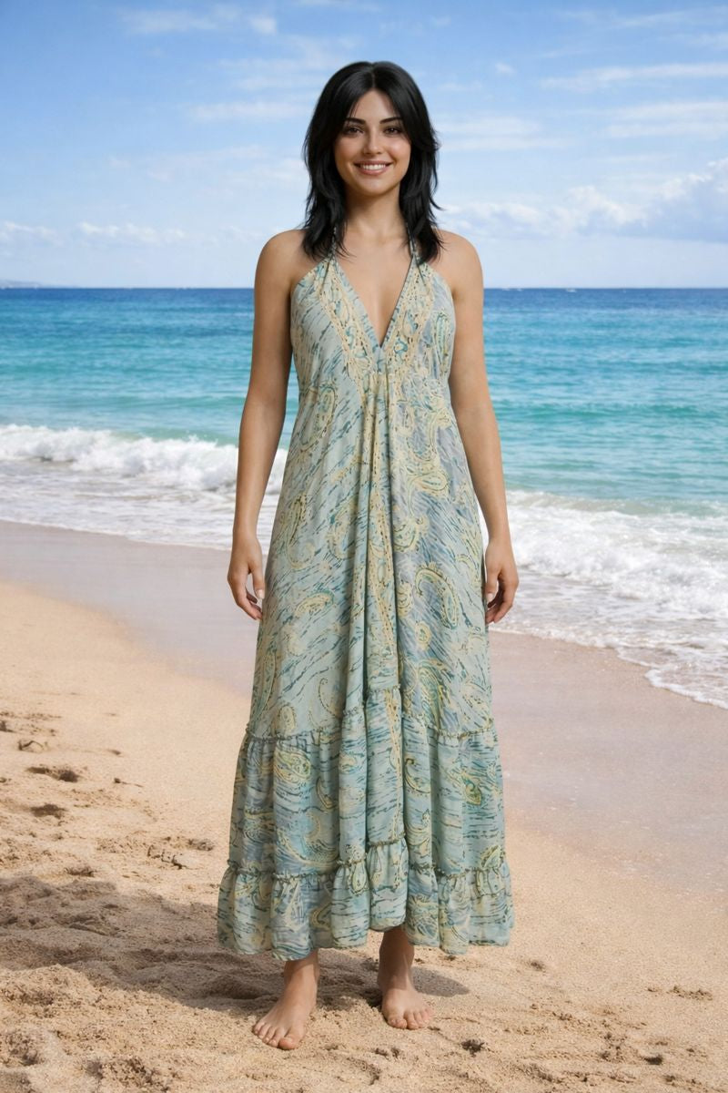 Backless Lavender Paisley Silk Long Dress