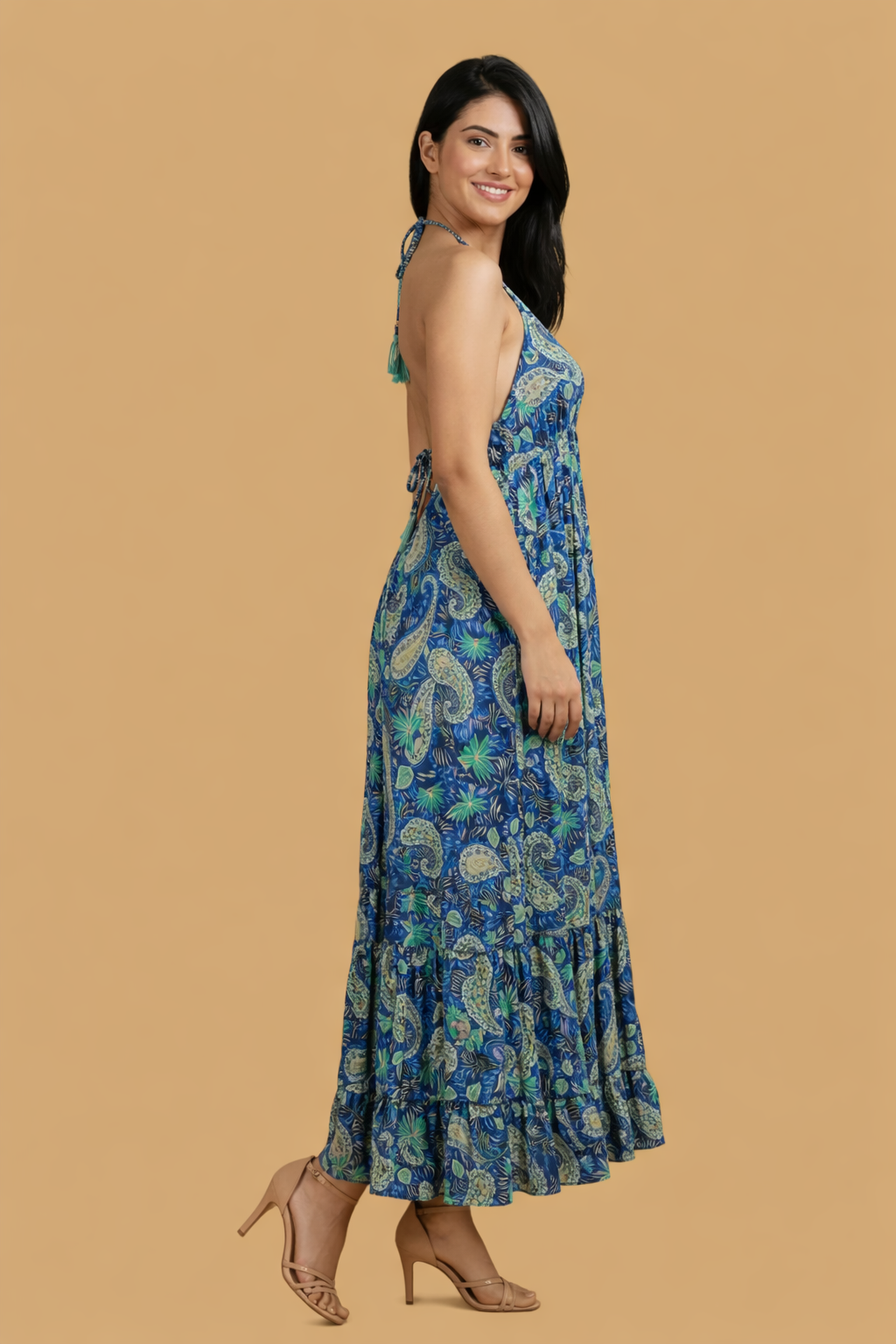 Backless Blue Paisley Silk Long Dress