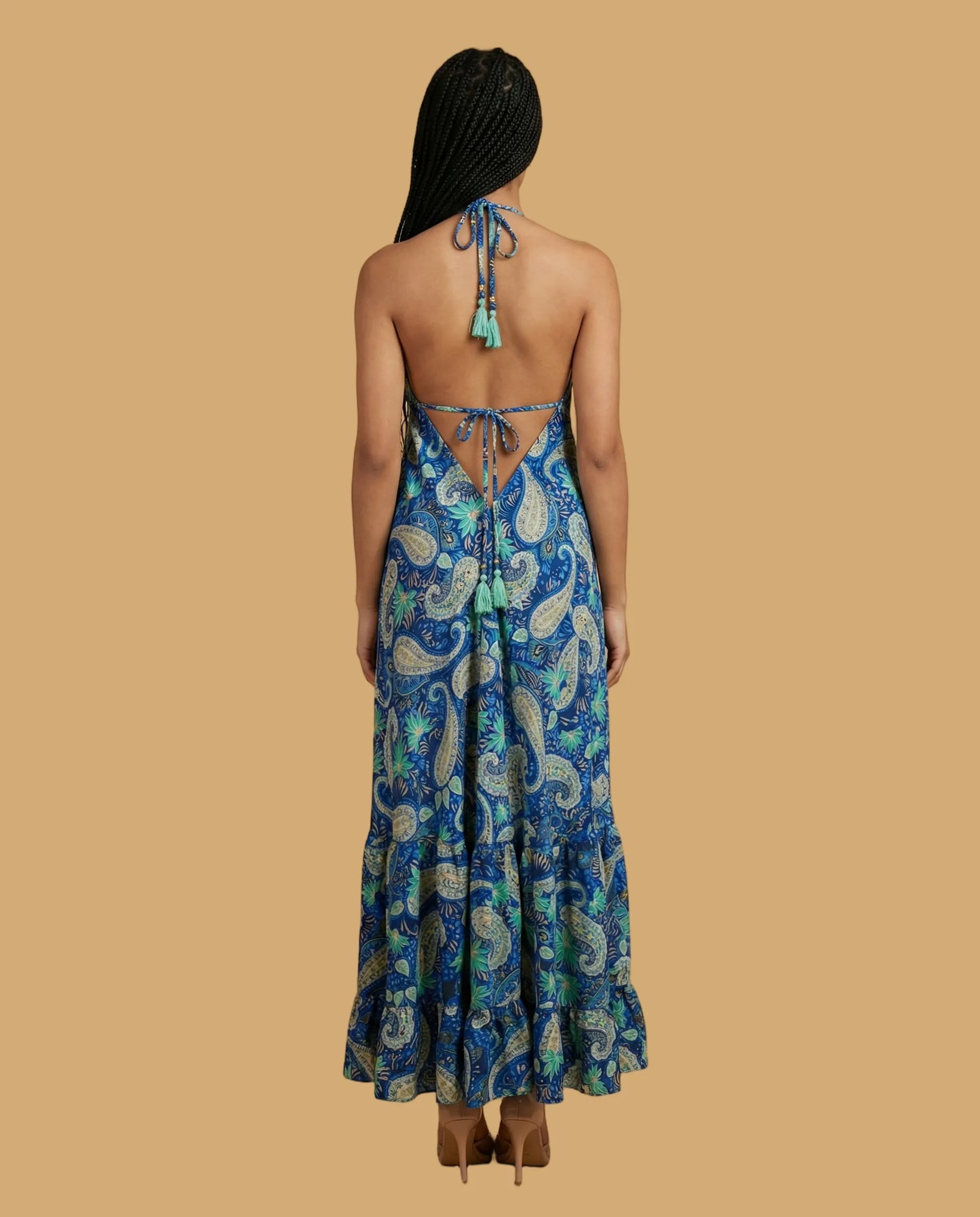 Backless Blue Paisley Silk Long Dress