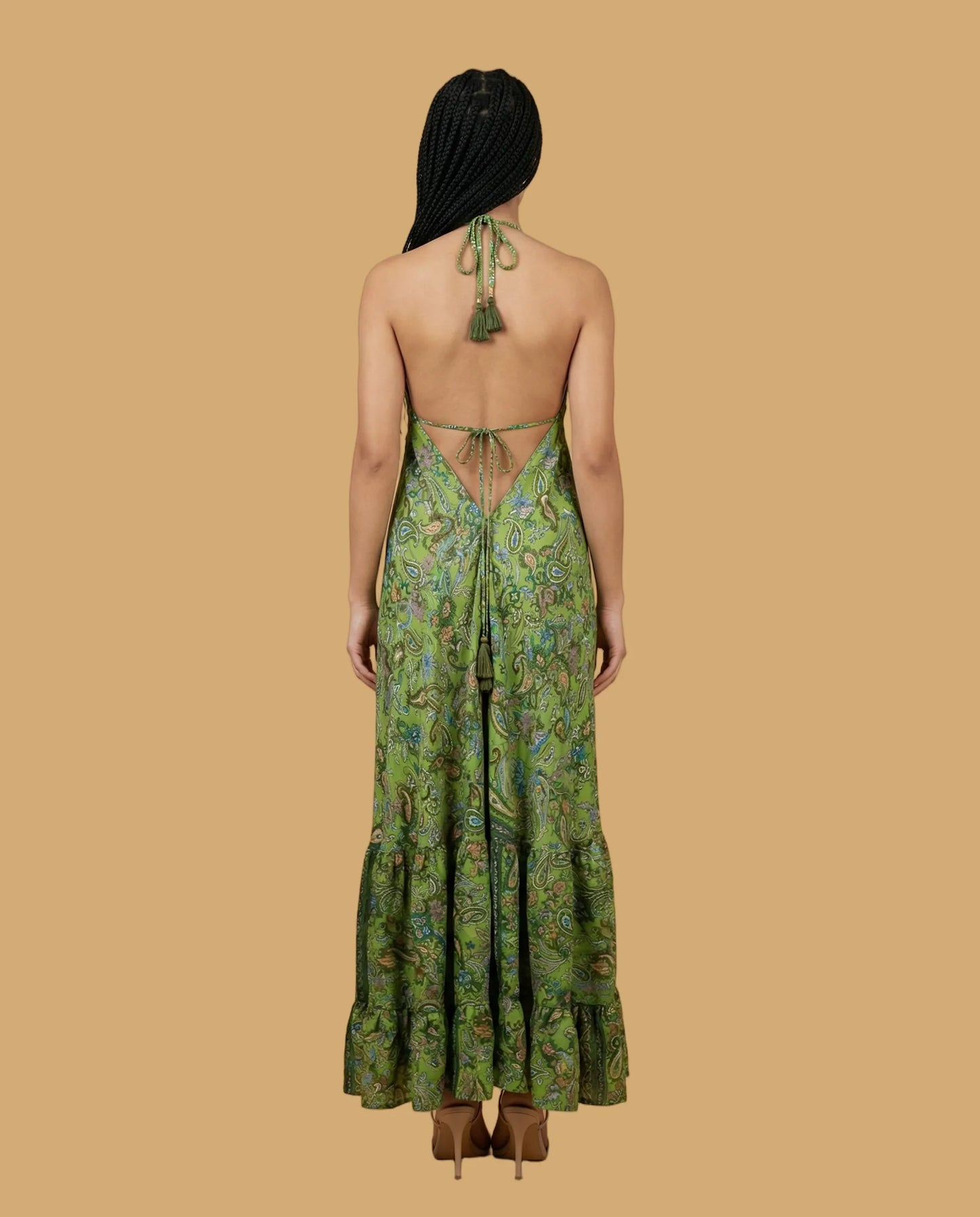 Backless Sage Paisley Silk Long Dress