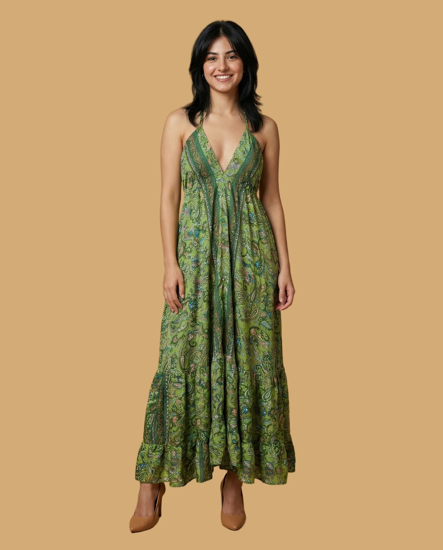 Backless Sage Paisley Silk Long Dress
