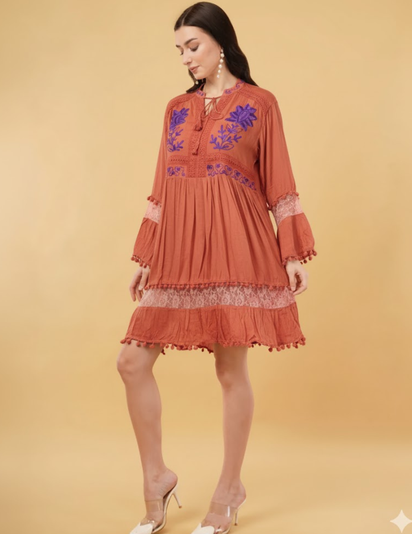 Liva Mocha Embroidered Floral Short Dress Relax Fit