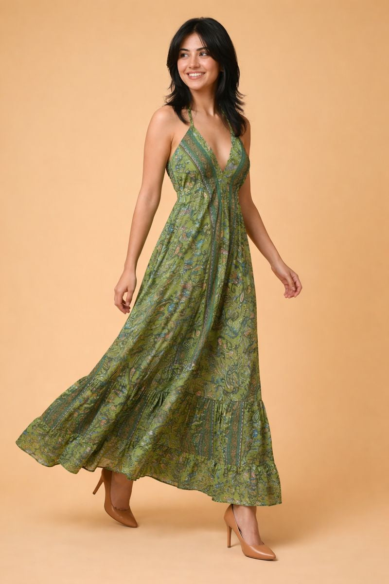 Backless Sage Paisley Silk Long Dress