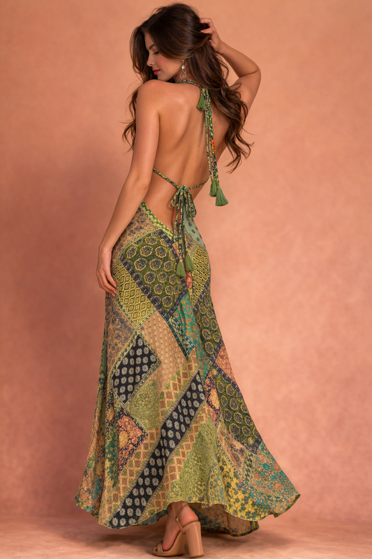 Backless Olive Green Long Dress