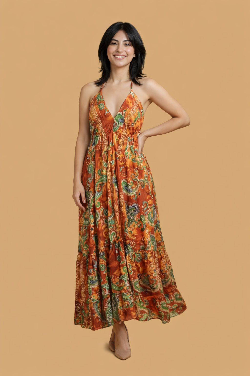 Backless Amber Paisley Silk Long Dress