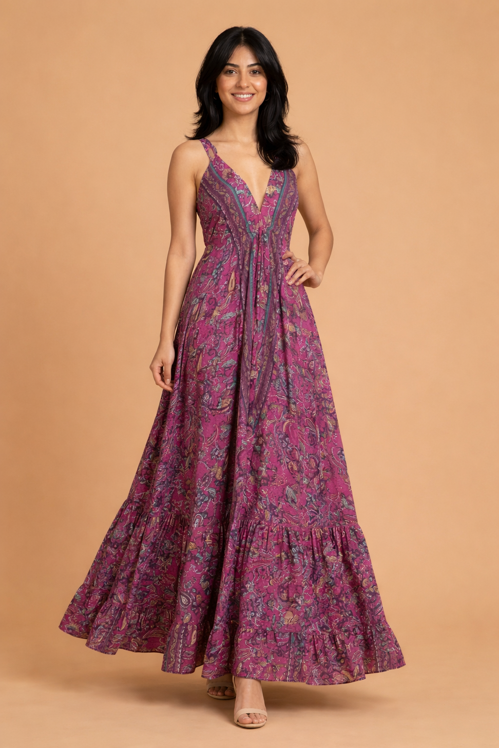 Backless Fuschia Paisley Silk Long Dress