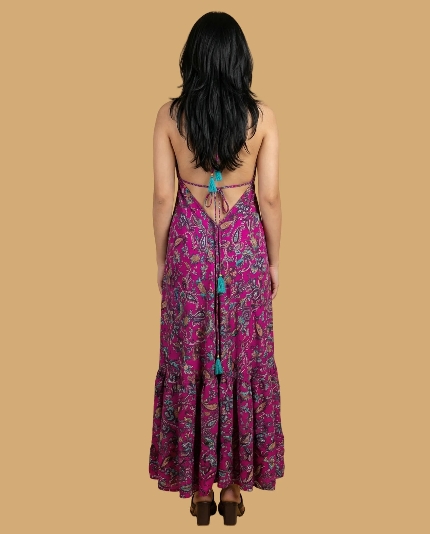 Backless Fuschia Paisley Silk Long Dress