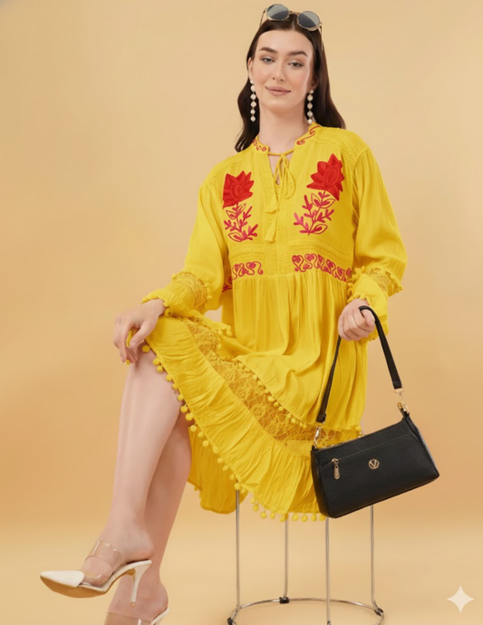 Liva Gold Embroidered Floral Short Dress Relax Fit