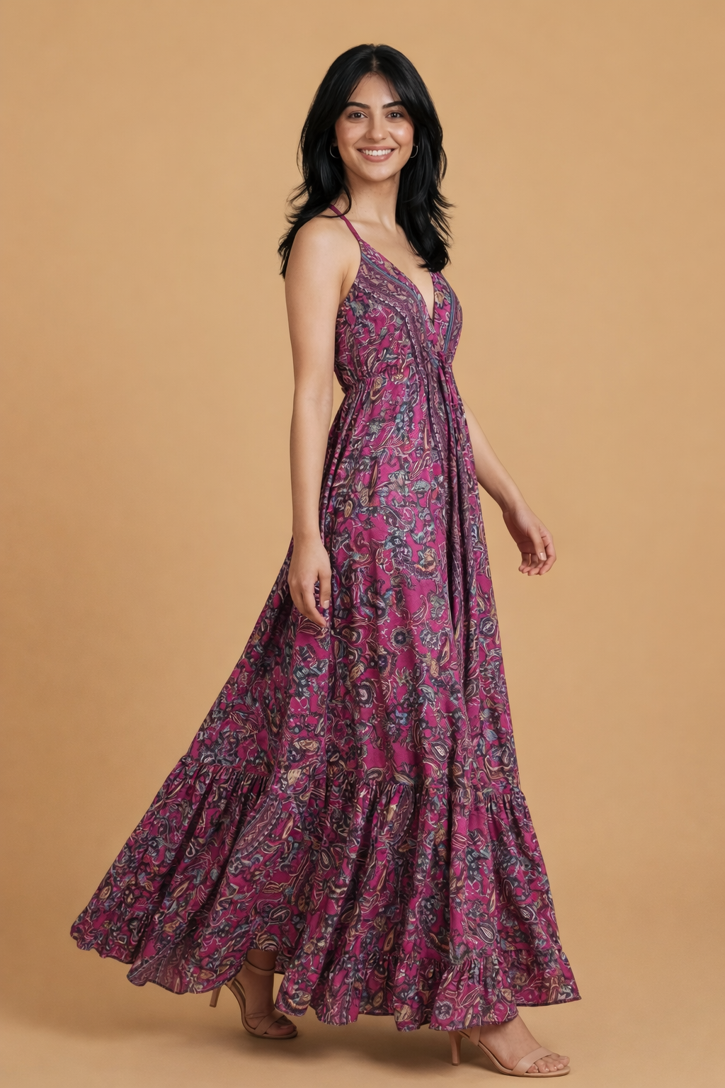 Backless Fuschia Paisley Silk Long Dress