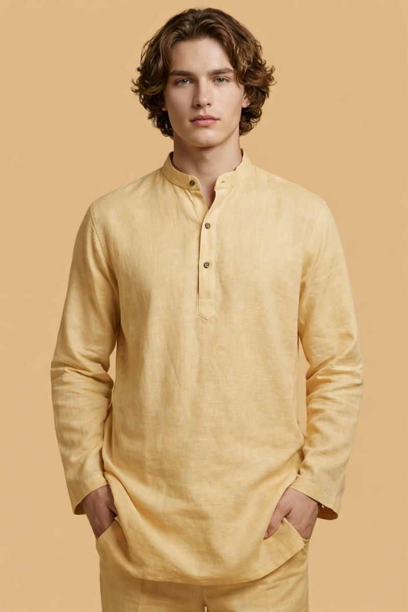 Pastel yellow Leisure Linen Men Co-ord Set
