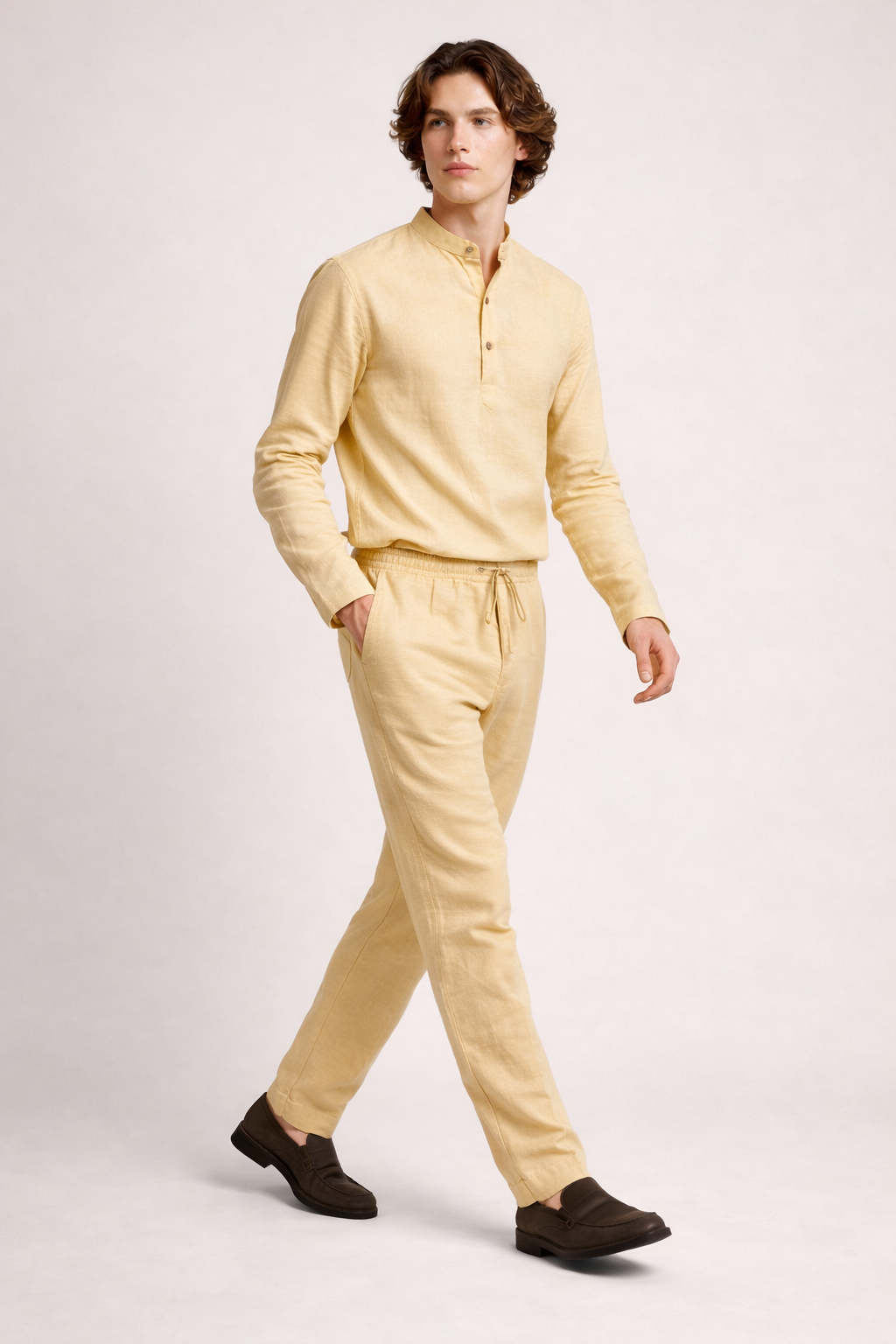 Pastel yellow Leisure Linen Men Co-ord Set