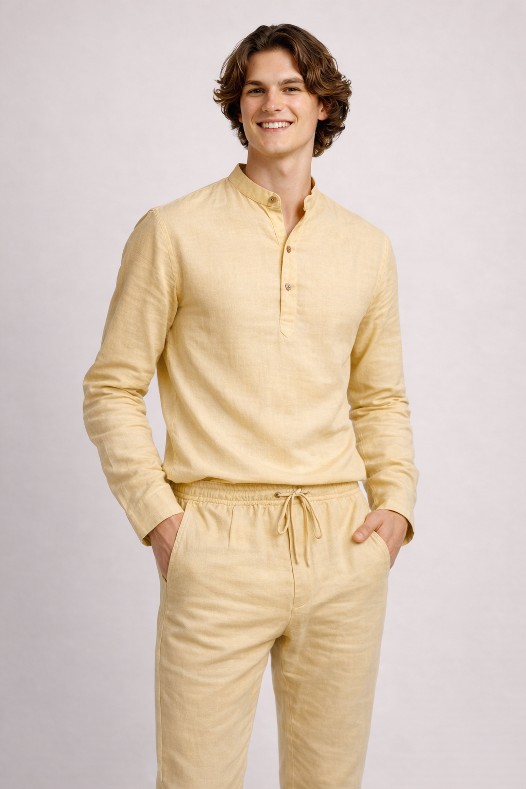 Pastel yellow Leisure Linen Men Co-ord Set