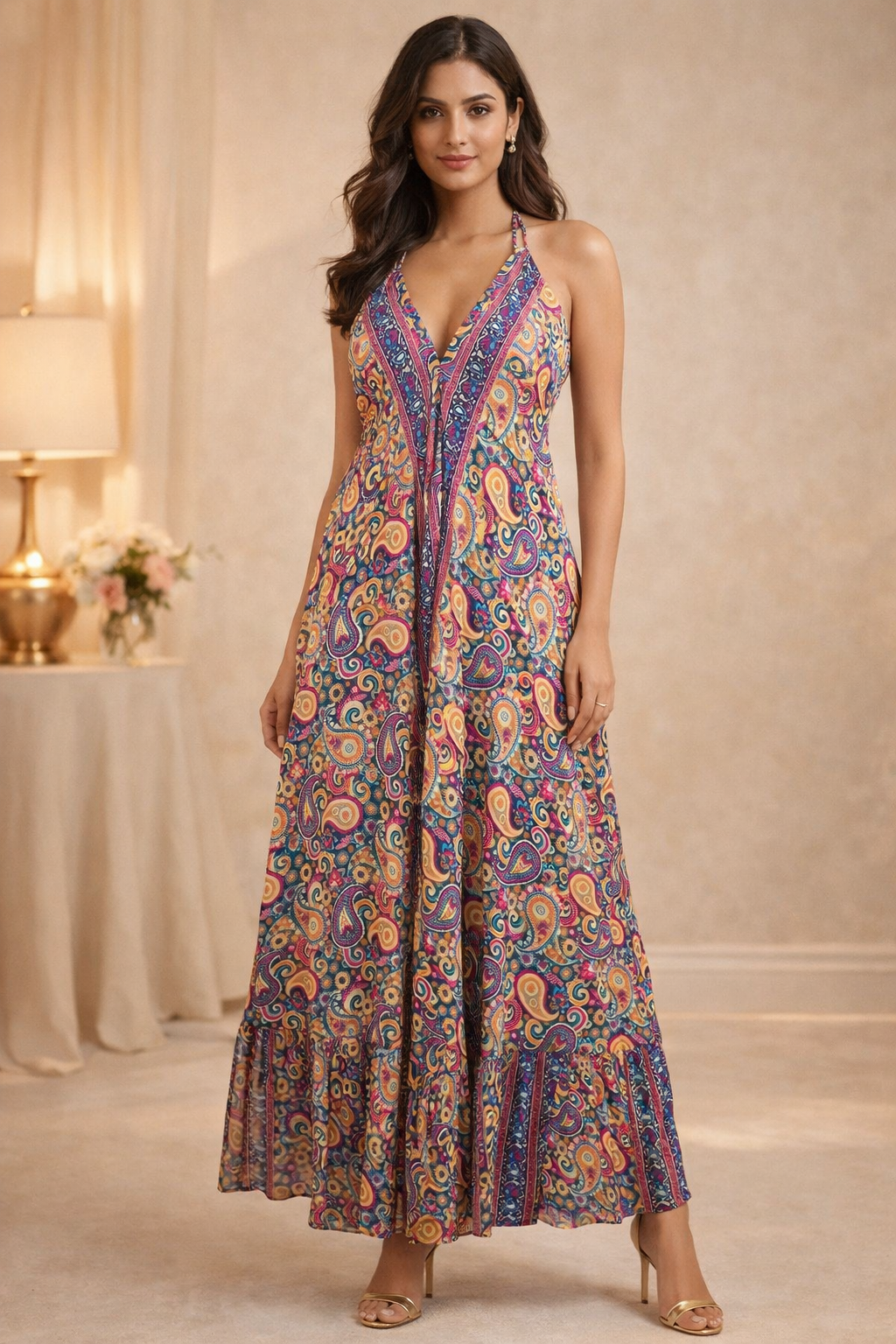 Backless Purple Paisley Silk Long Dress