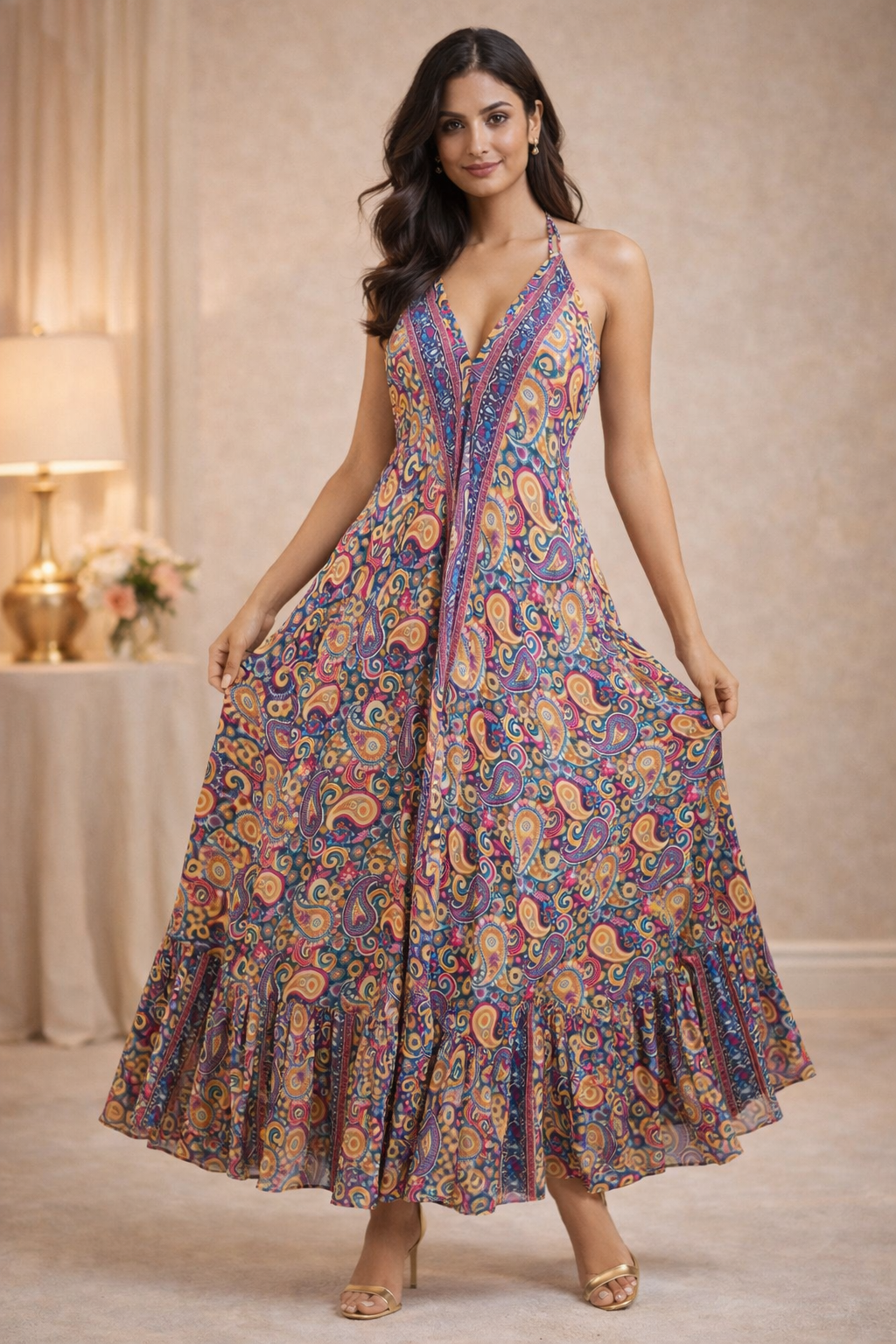 Backless Purple Paisley Silk Long Dress