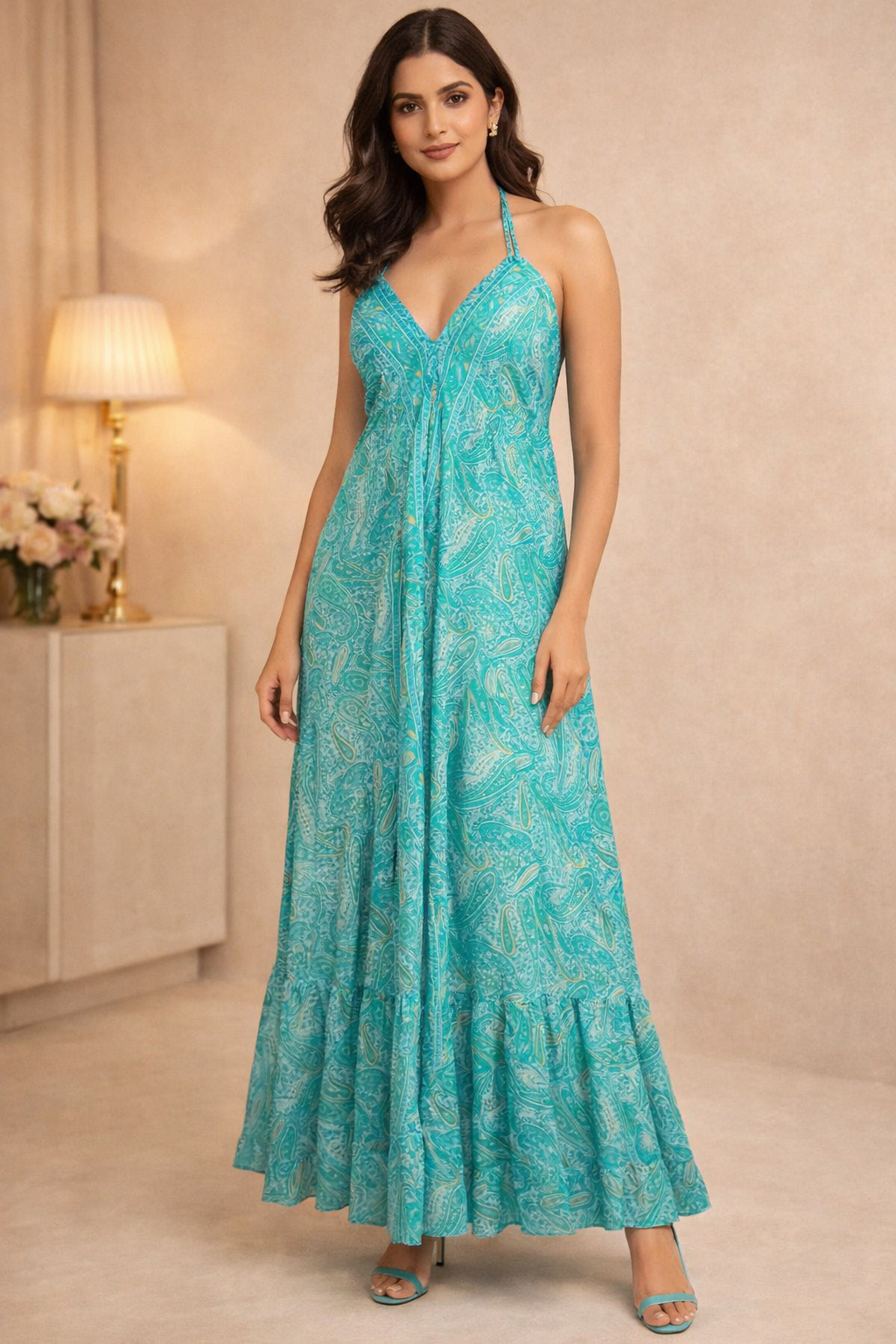 Backless Turquoise Paisley Silk Long Dress
