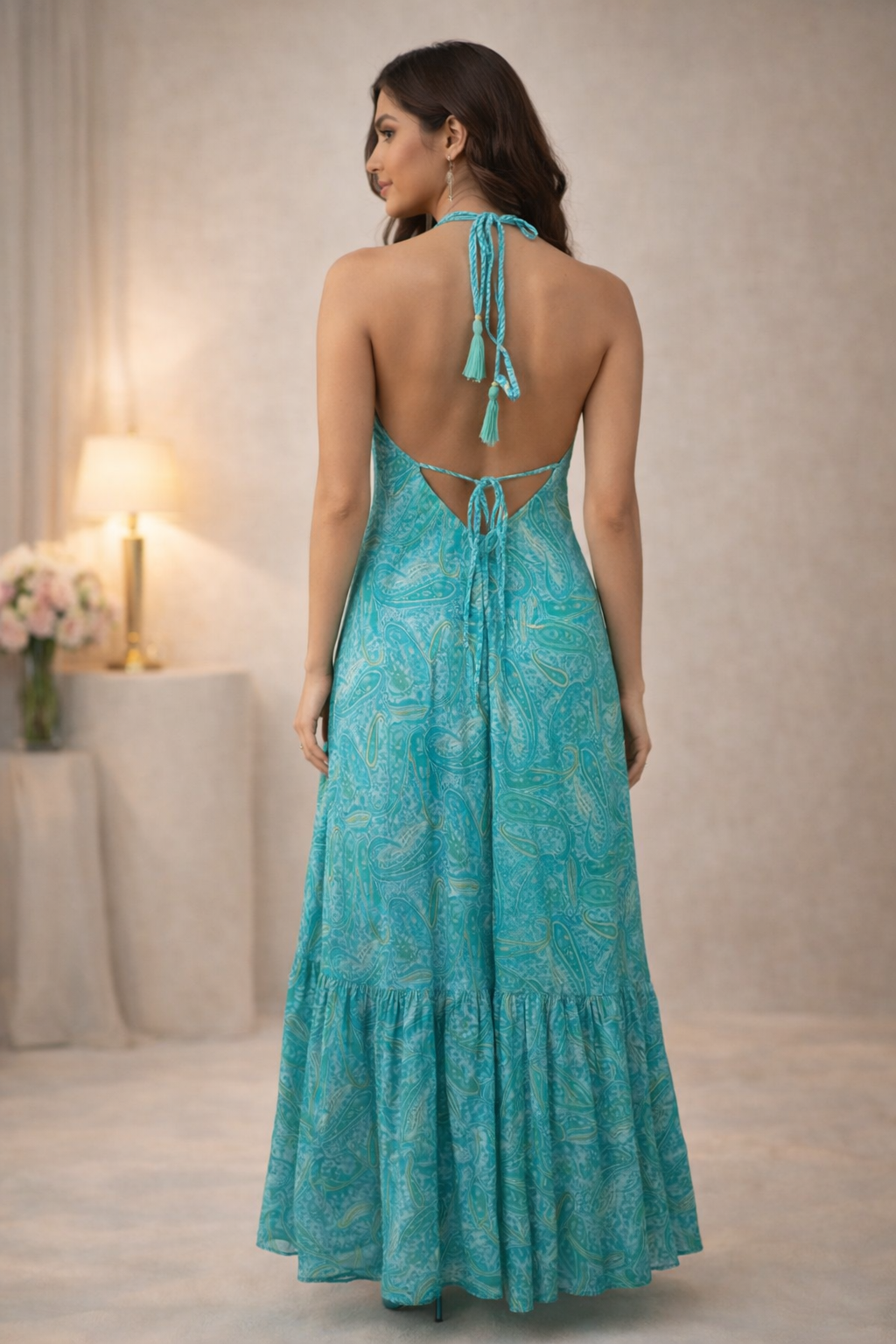 Backless Turquoise Paisley Silk Long Dress
