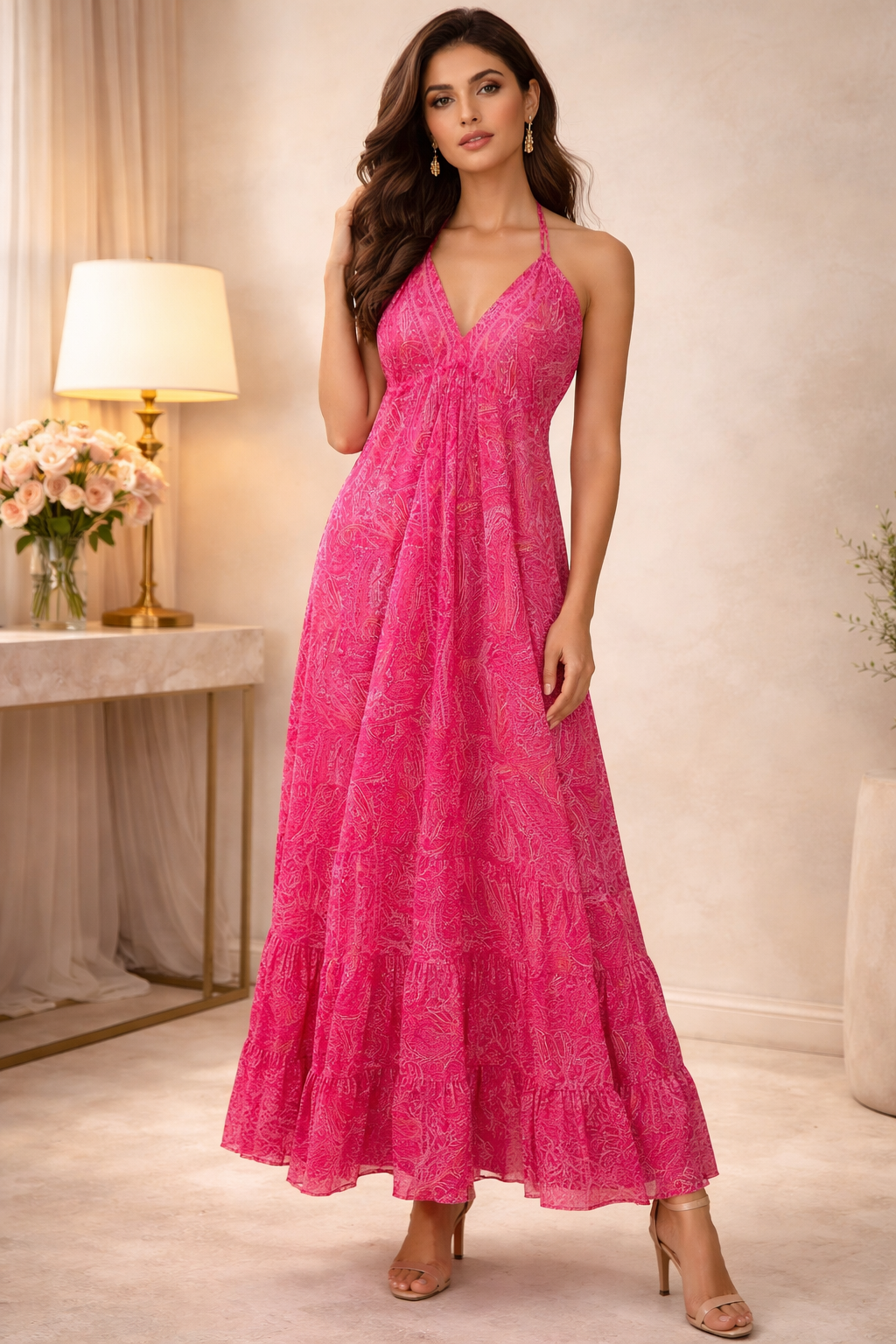Backless Carnation Paisley Silk Long dress