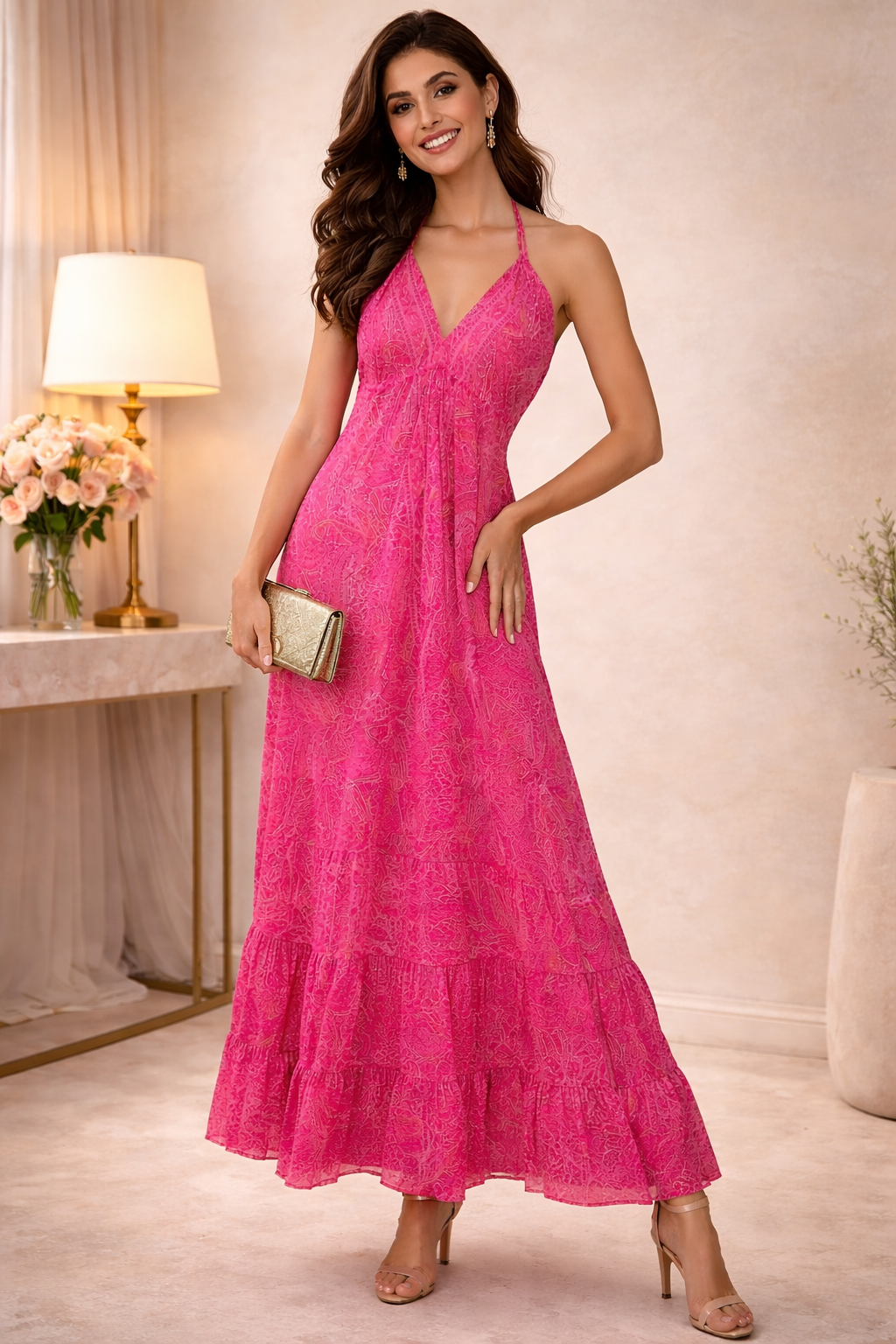 Backless Carnation Paisley Silk Long dress