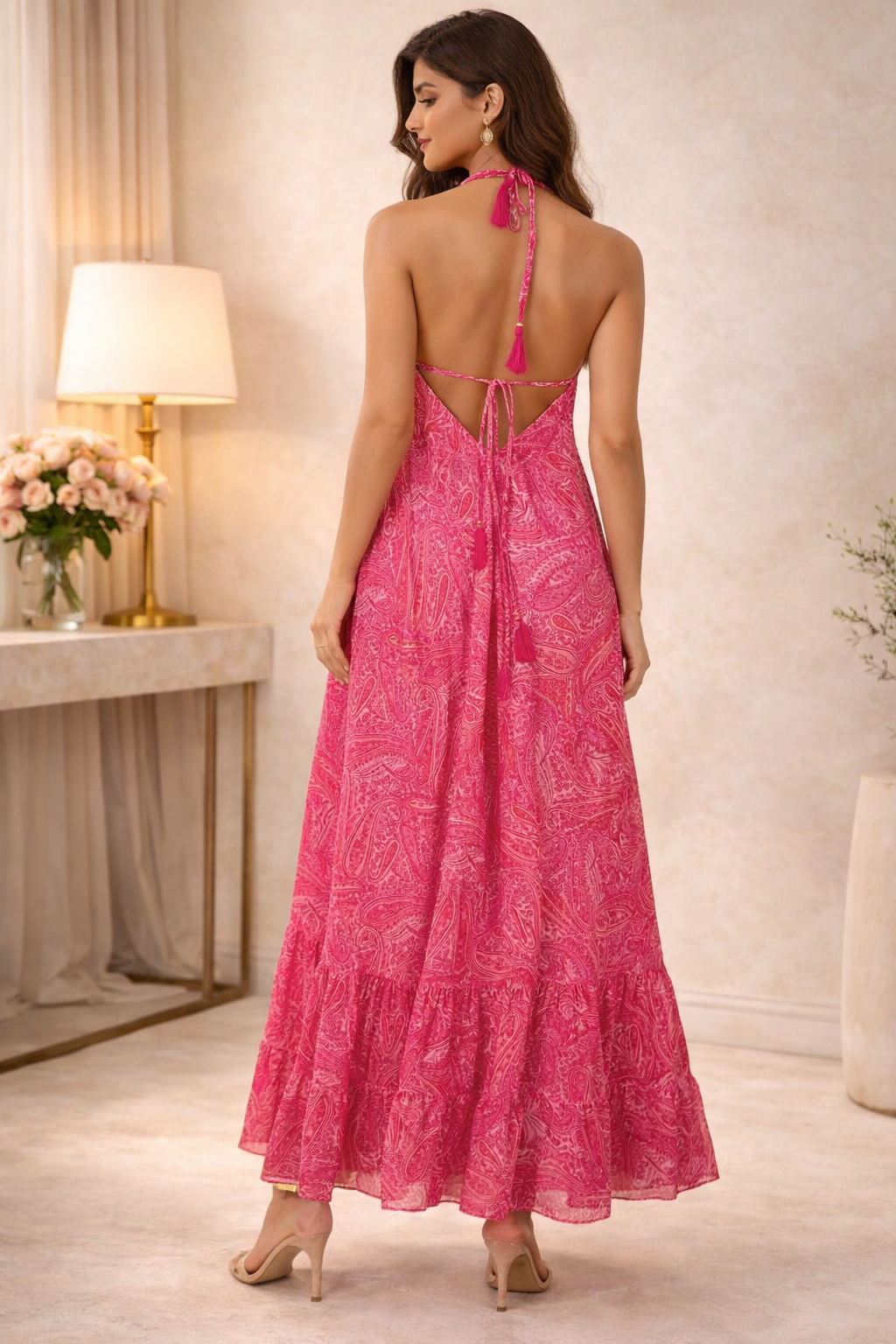 Backless Carnation Paisley Silk Long dress