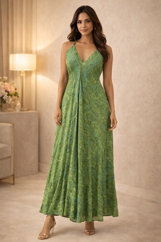 Backless Jade Paisley Silk Long Dress