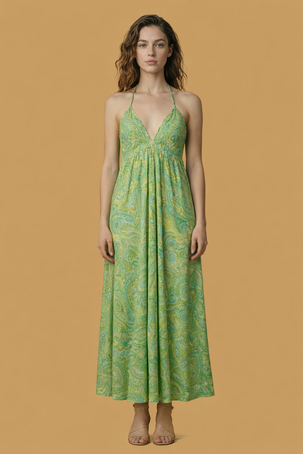 Backless Green Paisley Silk Long Dress