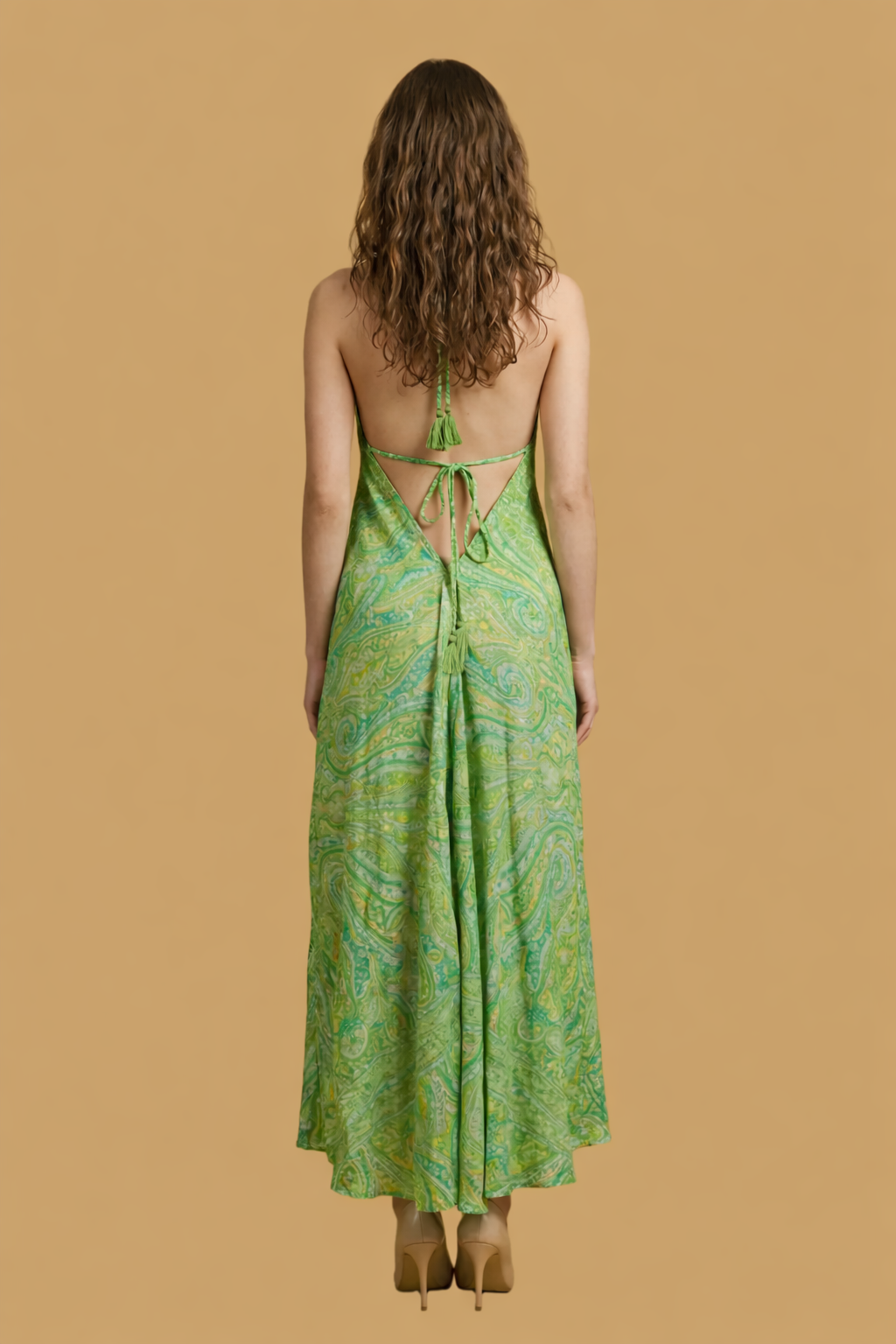 Backless Green Paisley Silk Long Dress
