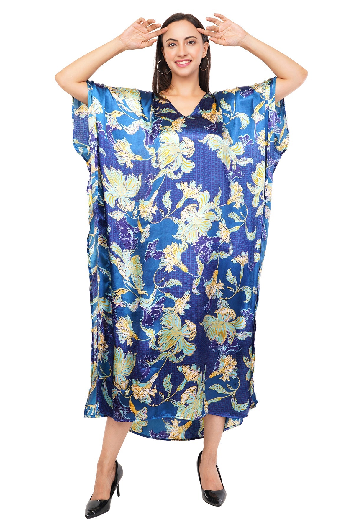 Blue Floral Long Kaftan with strings 