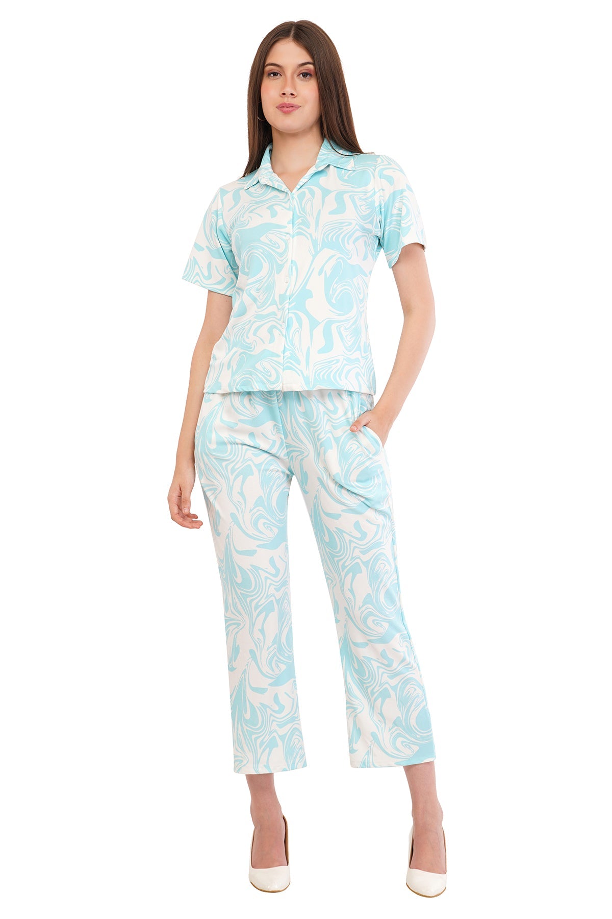 White Turquoise Blue Shirt & Pant Co-Ord  Set                                             